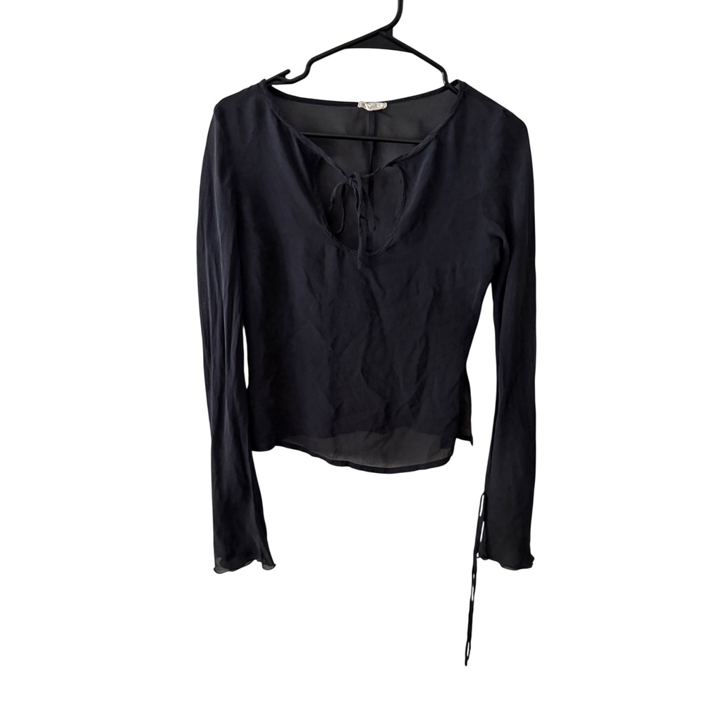 Carla Black Sheer Tie Front Long Sleeve Blouse Whimsigoth Fairycore Top